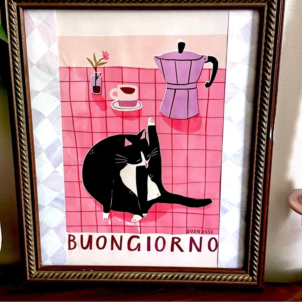 Buongiorno Tuxedo Cat Coffee Espresso Kitchen Canvas Art Print Framed Wall Art